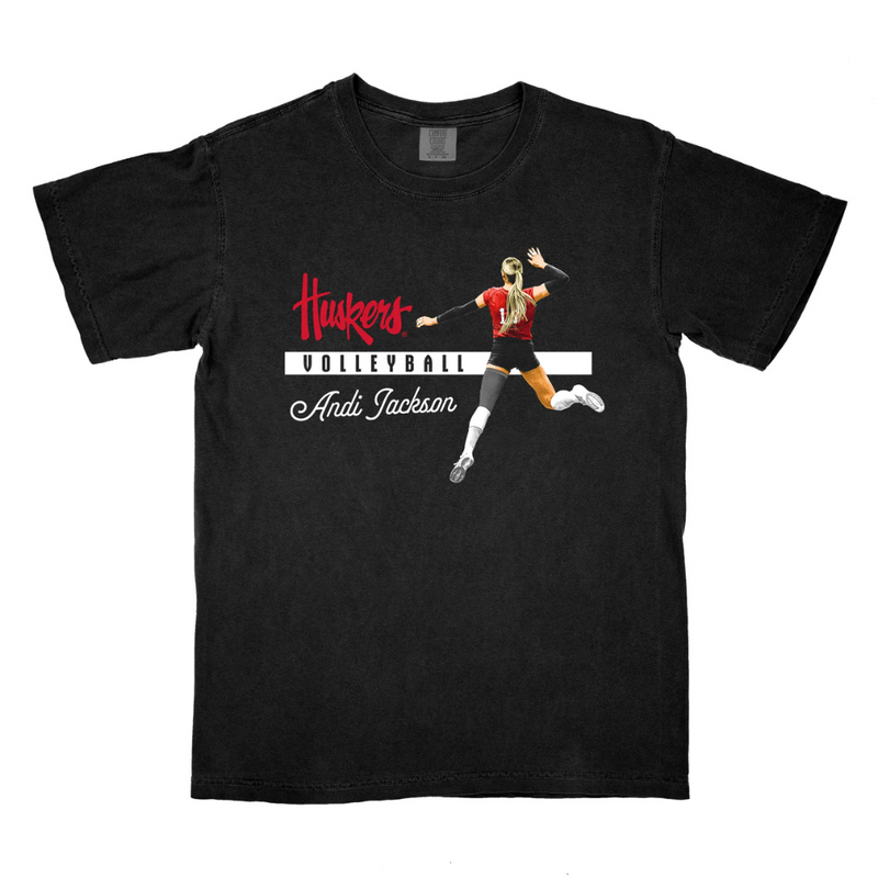 Mens'/Women's Nebraska Huskers Volleyball Andi Jackson Black Illustrated T-Shirt - BLACK