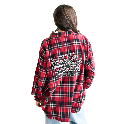 Women's Nebraska Huskers Dunn Dream Oversized Plaid Button Up - RED