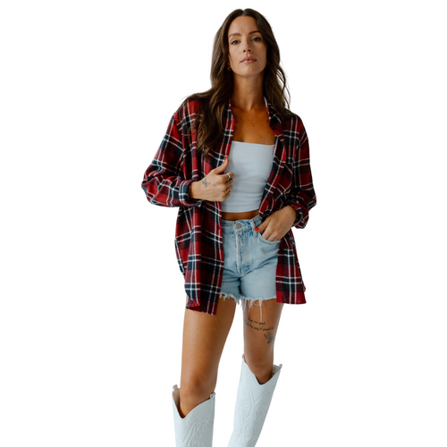 Women's Nebraska Huskers Dunn Dream Oversized Plaid Button Up - RED