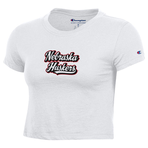 Women's Nebraska Huskers Script Crop Baby T-Shirt - WHITE